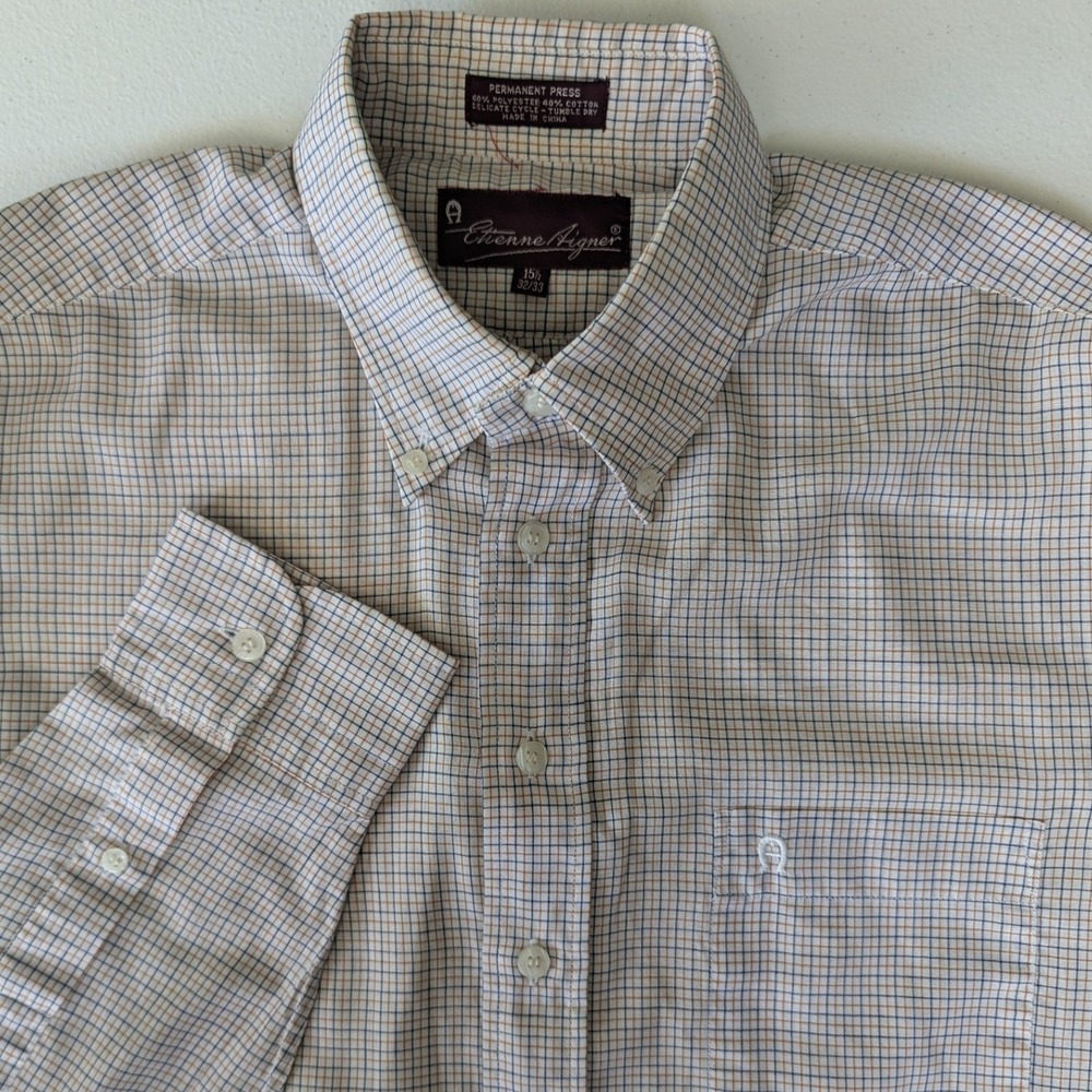 Vtg Etienne Aigner Button Down Shirt Tan Blue Check Long Sleeve Sz 15.5 32/33